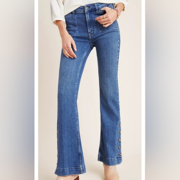 Anthropologie Pilcro Mid / High Rise Boot Cut Buttoned Slit Flare Jeans sz 25 - Picture 1 of 16